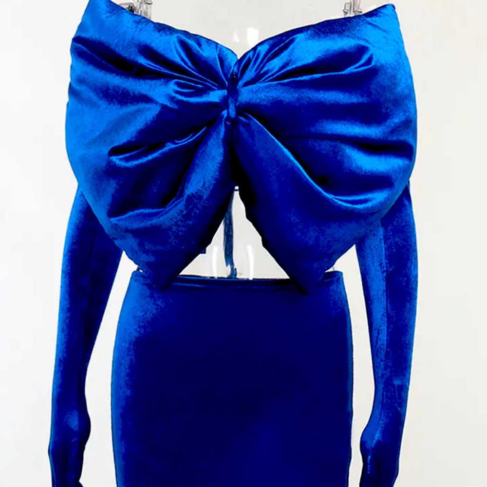 Two Piece Set Women Velvet Strapless Big Bowknot Corset High Waist Mini Skirts